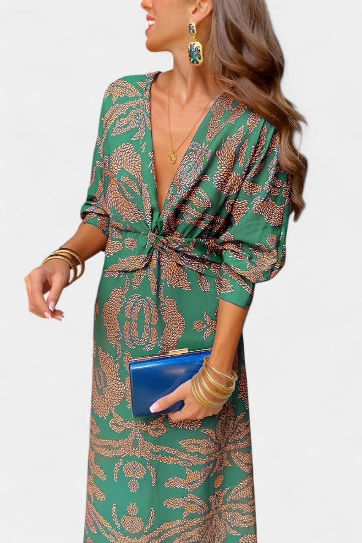 Elara - Vestido midi con nudo y estampado