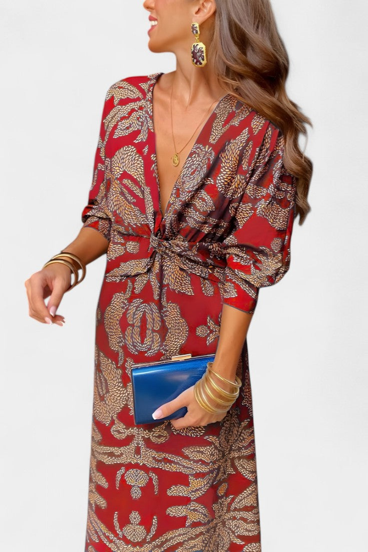 Elara - Vestido midi con nudo y estampado