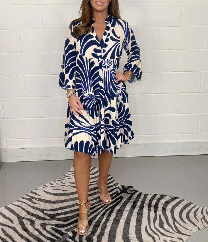 Bella - Vestido midi elegancia abstracta en azul, negro y verde
