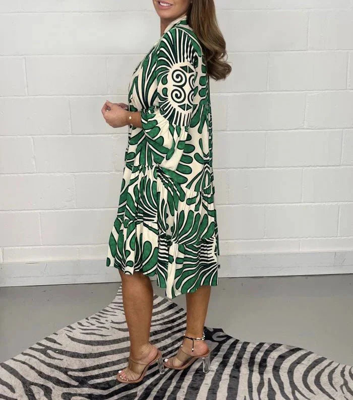 Bella - Vestido midi elegancia abstracta en azul, negro y verde