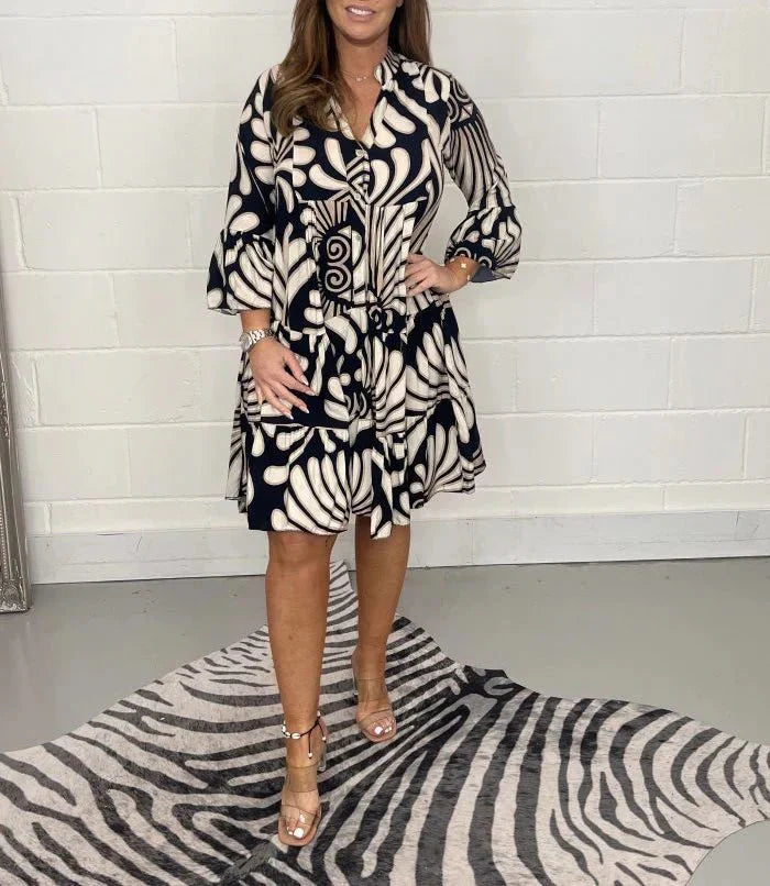Bella - Vestido midi elegancia abstracta en azul, negro y verde