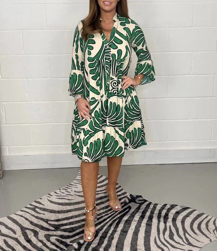 Bella - Vestido midi elegancia abstracta en azul, negro y verde