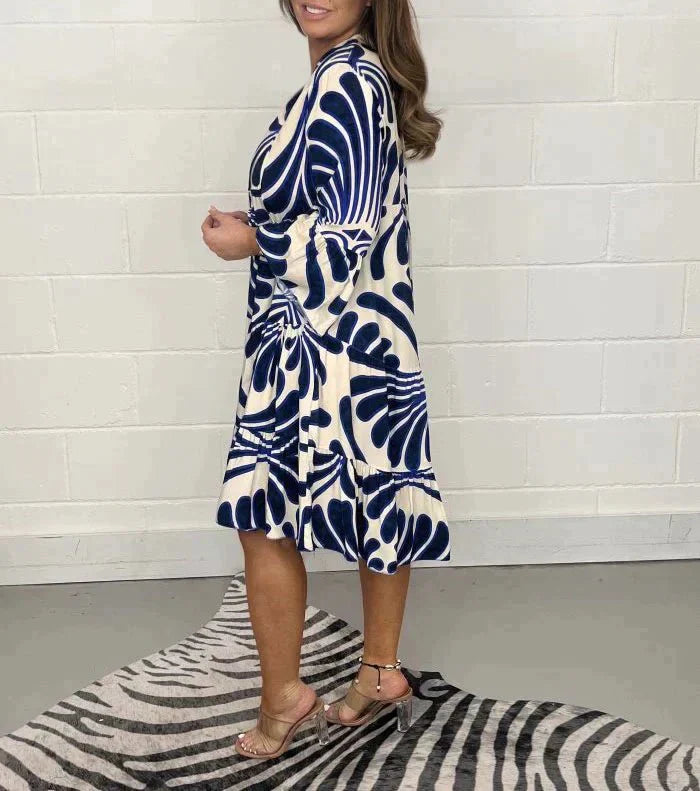 Bella - Vestido midi elegancia abstracta en azul, negro y verde