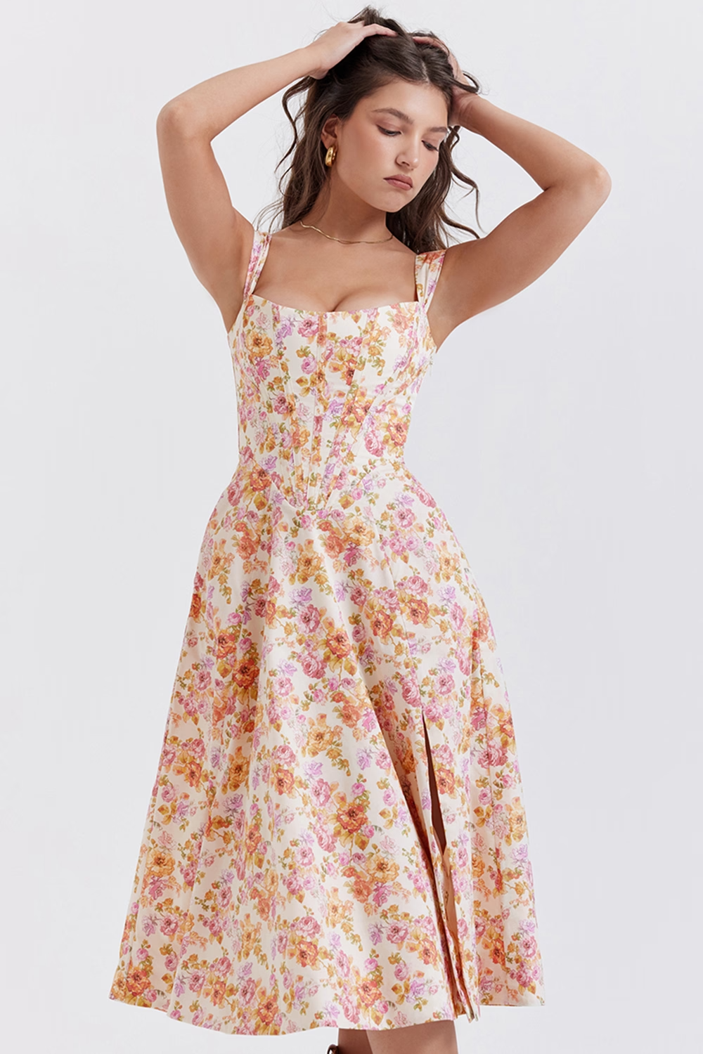 Amara Bloom – Vestido midi floral con abertura y tirantes anchos