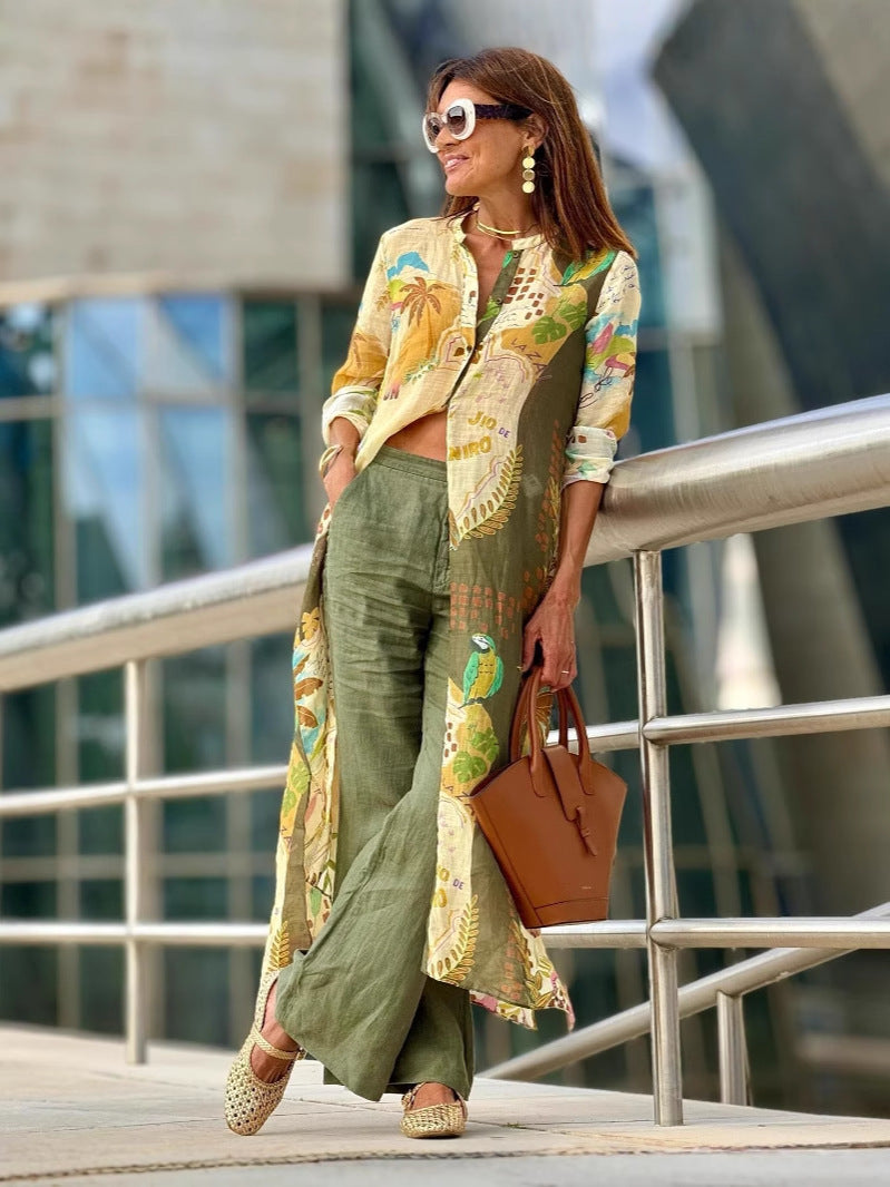 Casablanca - Conjunto de lino con pantalón y blusa estampada